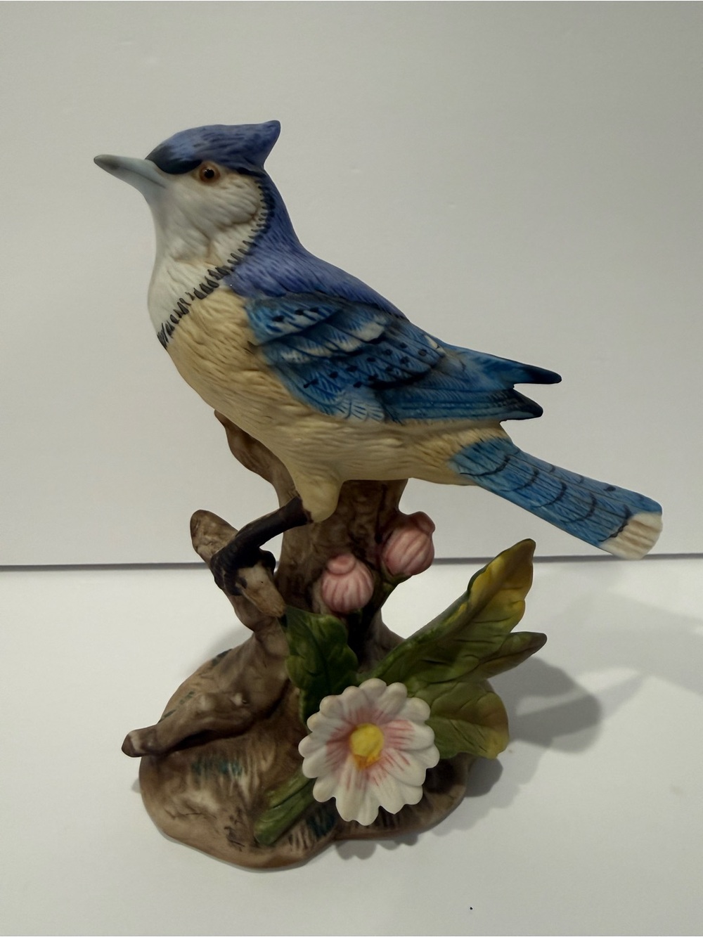 Homco Porcelain Blue Jay Bird Figurine on Floral Base